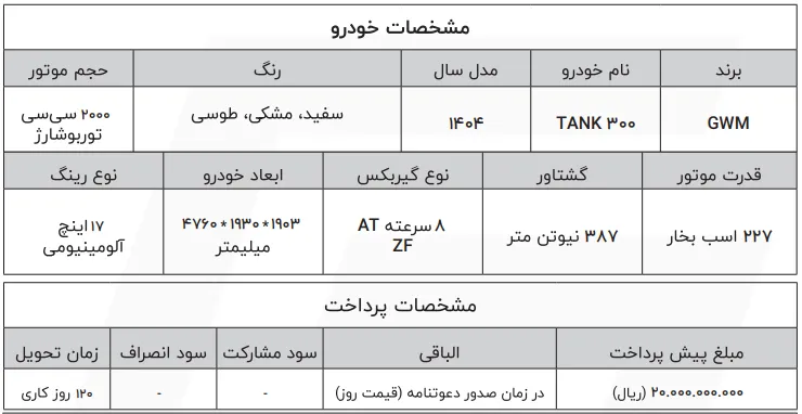 پیش فروش تانک 300 شتابران خودرو