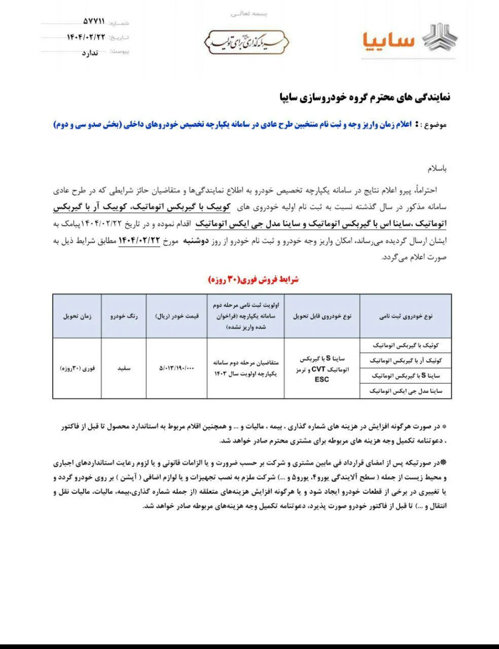 فراخوان واریز وجه ساینا S اتوماتیک