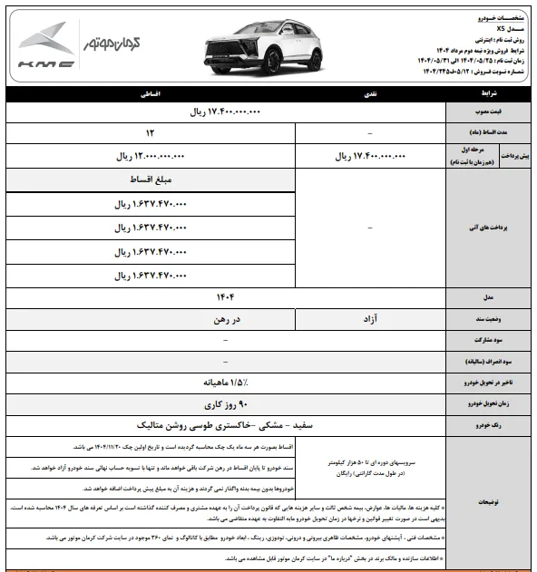 شرایط فروش کی ام سی x5 کرمان موتور- مرداد 1404