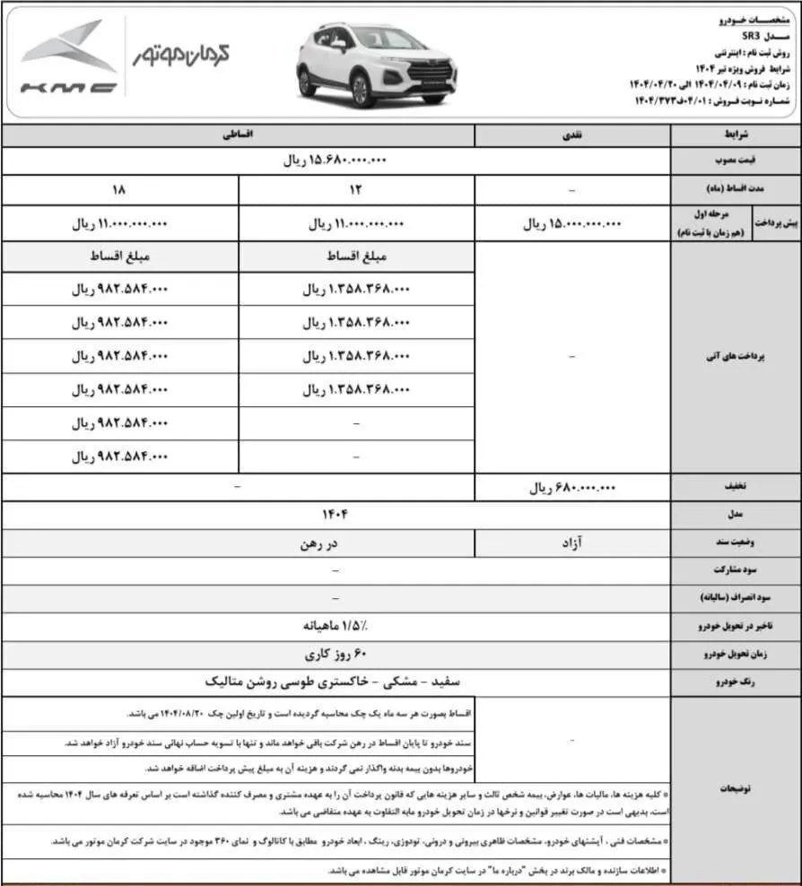 شرایط فروش نقدی و اقساطی KMC SR3
