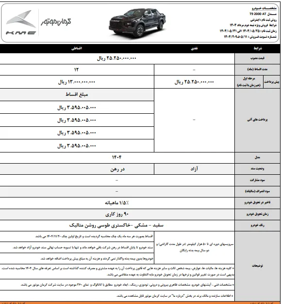 شرایط فروش کی ام سی T9 کرمان موتور- مرداد 1404