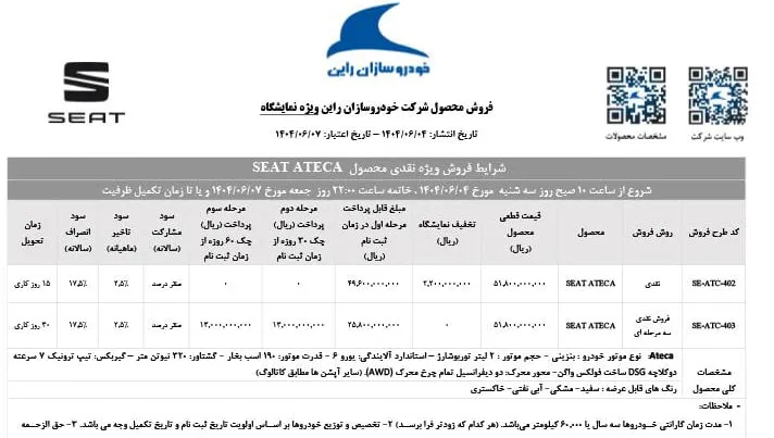 شرایط فروش سئات آتکا خودروسازی راین- شهریور 1404