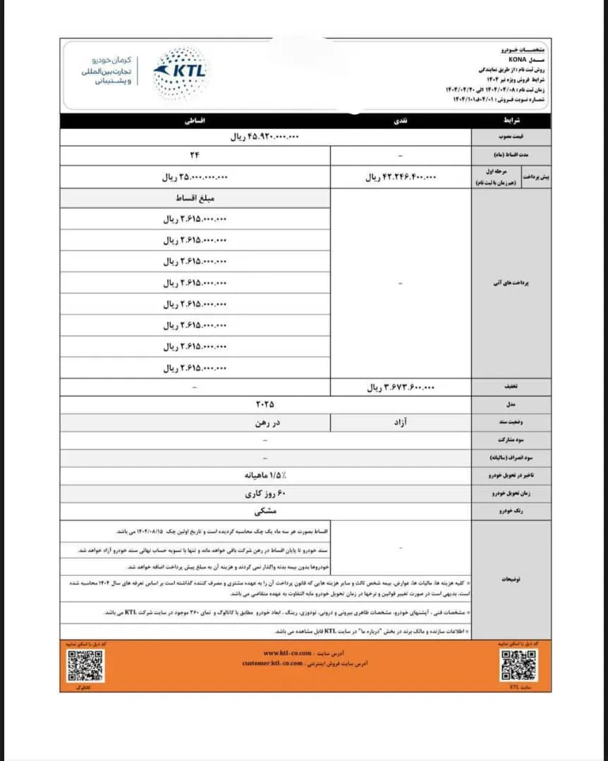 شرایط فروش نقدی و اقساطی کونا 2025 در تیر 1404