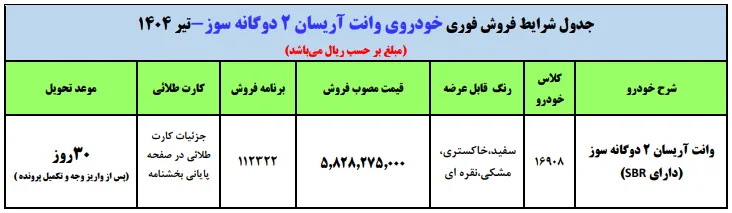 شرایط فروش وانت آریسان در تیر 1404