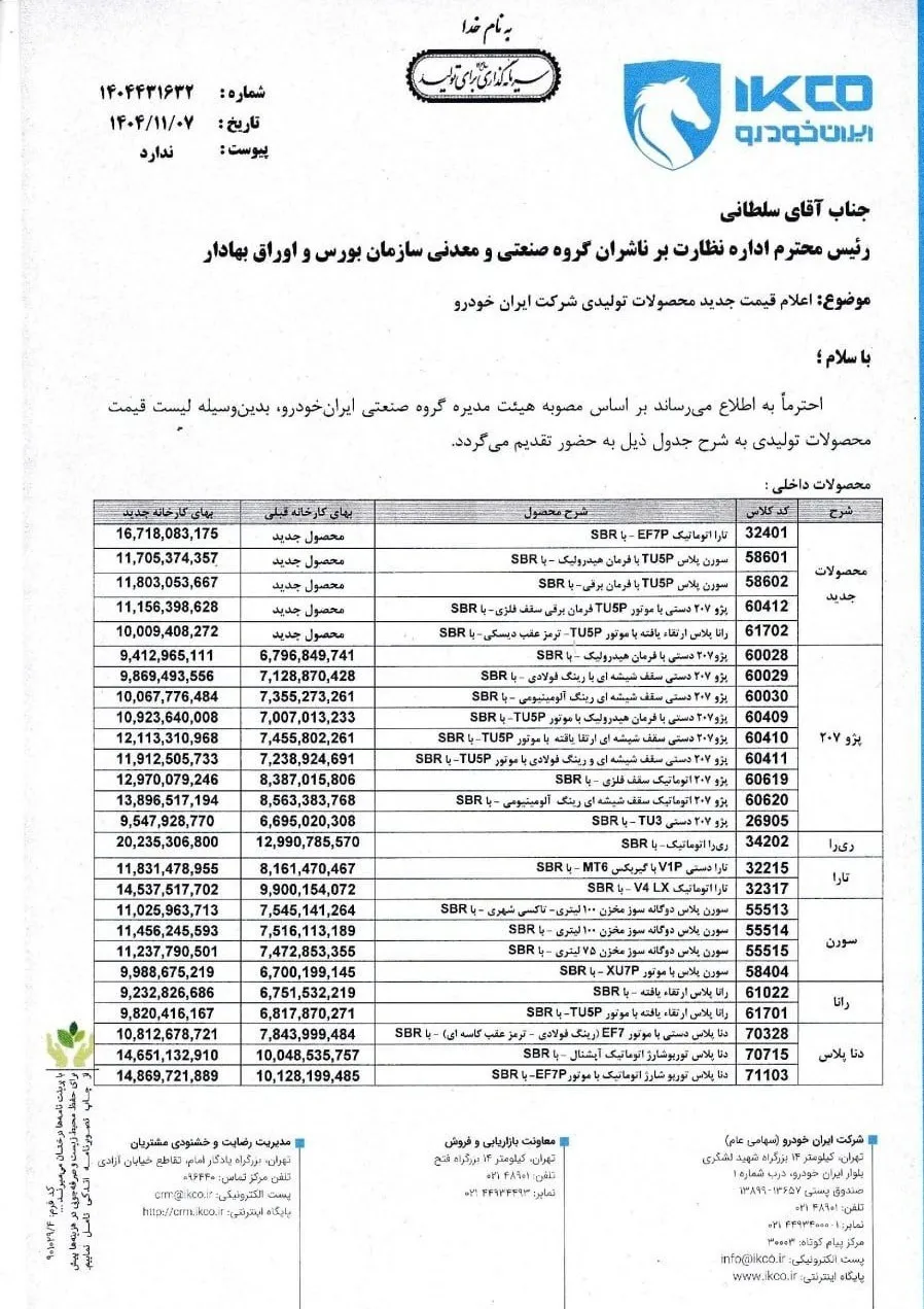 ایران&zwnj;خودرو قیمت خودروها را گران کرد | رشد قیمت برخی مدل&zwnj;ها تا ۴۰ درصد
