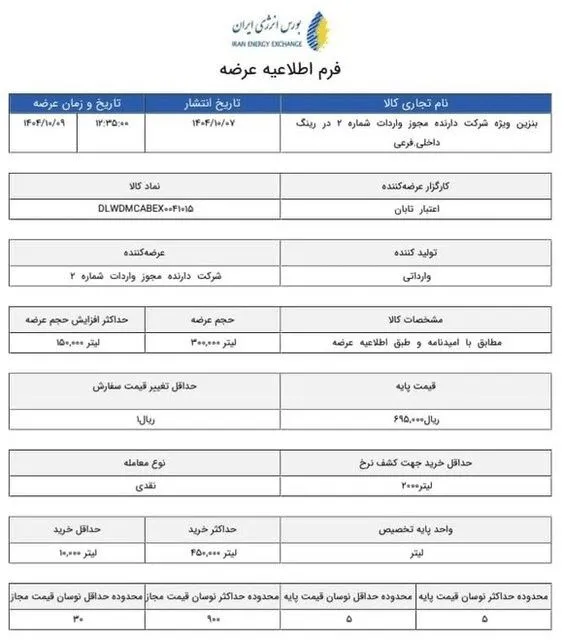 اطلاعیه جدید بورس انرژی: قیمت بنزین سوپر وارداتی افزایش یافت + جزئیات کامل اطلاعیه جدید بورس انرژی: قیمت بنزین سوپر وارداتی افزایش یافت + جزئیات کامل