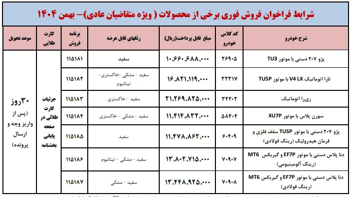 اعلام شرایط فروش فوری و فوق&zwnj;العاده ایران خودرو ویژه متقاضیان عادی در بهمن 1404 